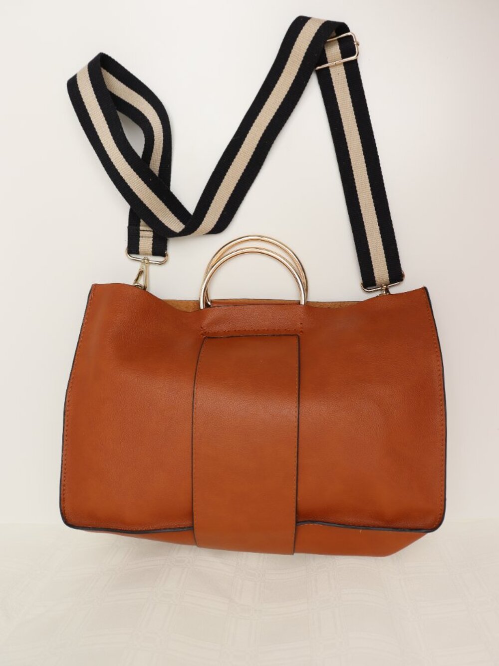 ZARA Brown Faux Leather Tote & Crossbody Bag with Striped Strap